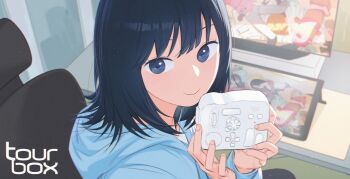 1girl at_computer blue_eyes blue_hair blue_hoodie chair computer desk dini_illust drawing_tablet english_text fingernails from_side highres holding hood hoodie indoors long_sleeves looking_at_viewer medium_hair monitor mousepad_(object) office_chair original shirt smile solo swept_bangs swivel_chair t-shirt upper_body white_shirt