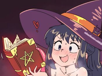 1girl akari_(pokemon) black_hair blush book character_request check_character cropped hat heart holding holding_book nintendo open_mouth paid_reward_available pentagram piutahayo pokemon ponytail purple_eyes purple_hat tentacles witch_hat