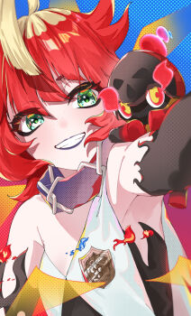 Rule 34 | 1girl, absurdres, ahoge, armpits, azusa (azunyan12), bare shoulders, blonde hair, charcadet, choker, eyelashes, eyeshadow, freckles, green eyes, highres, lipstick, makeup, medium hair, mela (pokemon), multicolored hair, nintendo, on shoulder, pokemon, pokemon (creature), pokemon on shoulder, pokemon sv, red hair, selfie, sleeveless, smile, team star, teeth, two-tone hair, uva academy (emblem)