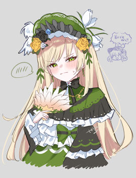 2girls black_flower black_rose blonde_hair blush bonnet capelet closed_mouth commentary_request doodle_inset dress embarrassed flower green_bonnet green_capelet green_dress green_eyes grey_background hair_down hair_flower hair_ornament hand_fan hand_up highres holding holding_fan lolita_fashion long_hair long_sleeves looking_at_viewer mahou_shoujo_no_majo_saiban multiple_girls open_mouth rose simple_background smile solo_focus spoken_blush tachibana_sherry tono_hanna translation_request tsushima_shigure upper_body white_flower white_rose yellow_flower yellow_rose