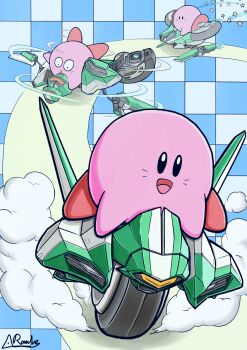 Rule 34 | checkered background, colored skin, commentary request, highres, kirby, kirby (series), kirby air ride, kirby air riders, nintendo, no humans, open mouth, pink skin, romaine.l, signature, solo, star (symbol), transform star, transformation