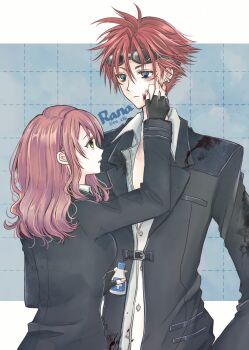 1boy 1girl aqua_eyes bandaid bandaid_on_cheek bandaid_on_face before_crisis:_final_fantasy_vii black_gloves black_jacket black_suit blue_background border bottle breasts brown_eyes brown_hair cissnei collared_shirt crisis_core:_final_fantasy_vii earrings facial_mark final_fantasy final_fantasy_vii fingerless_gloves formal_clothes gloves goggles goggles_on_head hair_between_eyes highres holding holding_bottle injury jacket jewelry long_hair medium_breasts parted_lips rana_(re_cis) red_hair reno_(ff7) shirt short_hair spiked_hair suit suit_jacket twitter_username wavy_hair white_border white_shirt