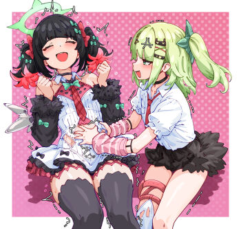 Rule 34 | 2girls, anger vein, arm warmers, bakasp-lilzy, bandaid, bandaid hair ornament, bare shoulders, black choker, black hair, black skirt, blush, border, bow, choker, clenched hands, closed eyes, clothing cutout, collarbone, colored inner hair, commentary, detached sleeves, dotted background, dress, english commentary, fur-trimmed skirt, fur-trimmed sleeves, fur trim, green bow, green eyes, green hair, green halo, hair bow, hair ornament, halo, heart, heart hair ornament, highres, looking at another, multicolored hair, multiple girls, multiple hair bows, multiple hair clips, nangong yu, navel cutout, necktie, open mouth, pink arm warmers, pink background, ponytail, red necktie, shirt, short twintails, skirt, sleeve bow, striped arm warmers, sunna (zenless zone zero), sweat, tickling, tickling stomach, trembling, twintails, white border, white dress, white shirt, white wings, wings, zenless zone zero