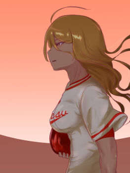 1girl ahoge blonde_hair cacaodecocoa character_request female_focus gradient_background half-closed_eyes kokoneri pink_eyes shirt short_sleeves solo t-shirt