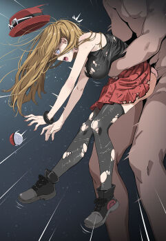 1boy 1girl black_background black_shirt black_shoes black_thighhighs blue_eyes breasts brown_hair clothed_female_nude_male commentary_request crying gradient_background hat hetero highres long_hair medium_breasts nintendo nude panties pink_panties poke_ball poke_ball_(basic) pokemon pokemon_x_and_y rape red_hat red_skirt serena_(pokemon) sex sex_from_behind shirt shoes skirt standing standing_sex tears thighhighs torn_clothes torn_shirt torn_skirt torn_thighhighs torso_grab tsukishiro_saika underwear unworn_hat unworn_headwear
