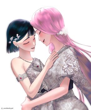 2girls absurdres alien_stage black_hair closed_eyes commentary earrings english_commentary hair_ornament highres jewelry long_hair mizi_(alien_stage) multiple_girls open_mouth pink_hair sabai short_hair smile sua_(alien_stage) thai_clothes theprd twitter_username yuri