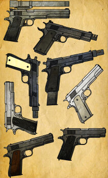 absurdres adobe_illustrator_(medium) amt_hardballer_longslide brown_background caldwellb734 commentary compensator english_commentary extended_magazine gradient_background gun handgun highres limited_palette m1911 no_humans original paper_texture weapon weapon_family weapon_focus