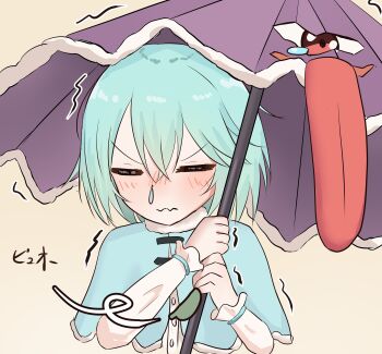 Rule 34 | 1girl, absurdres, blue eyes, closed eyes, commentary request, dithering, highres, holding, holding umbrella, simple background, snot, tatara kogasa, touhou, umbrella, urotsua, wavy mouth