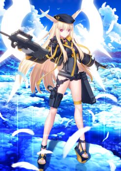 1girl belt beret black_belt black_gloves black_hat black_jacket black_one-piece_swimsuit black_sandals blonde_hair blue_background breasts bright_pupils cleavage_cutout closed_mouth clothing_cutout cloud collared_jacket cropped_jacket day falling_feathers fate/grand_order fate_(series) feathers floating_hair full_body game_cg gloves glowing glowing_wings gun hair_wings hand_up hat holding holding_gun holding_weapon jacket large_variant_set legs_apart long_hair long_sidelocks long_sleeves looking_at_viewer medium_breasts official_art one-piece_swimsuit open_clothes open_jacket outstretched_arms platform_sandals popped_collar pouch red_eyes sandals side_cutout sidelocks smile solo sparkle standing sunlight swimsuit swimsuit_under_clothes takeuchi_takashi thigh_pouch thigh_strap third-party_source thrud_(fate) thrud_(swimsuit_assassin)_(fate) toes valkyrie_(fate) variant_set very_long_hair weapon weapon_request white_pupils wings