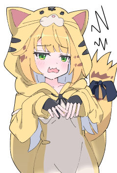 1girl absurdres animal_ear_fluff animal_ears black_ribbon blonde_hair blush bow cat costume fang fingerless_gloves gloves green_eyes highres hutsugyou ju_fufu open_mouth orange_fur ribbon solo striped_fur striped_hair tail tail_bow tail_ornament tiger_ears tiger_girl tiger_stripes tiger_tail whiskers white_background zenless_zone_zero