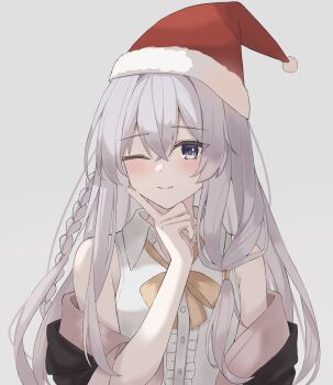 Rule 34 | 1girl, bare shoulders, blue eyes, blush, braid, closed mouth, collared shirt, commentary, congroo, elaina (majo no tabitabi), frills, fur-trimmed headwear, fur trim, grey background, grey hair, hair between eyes, hat, highres, long hair, looking at viewer, majo no tabitabi, one eye closed, red hat, ribbon, santa hat, shirt, simple background, single braid, sleeveless, sleeveless shirt, smile, solo, upper body, white shirt, yellow ribbon