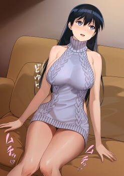 1girl :d a1_(initial-g) arato_nagi bare_shoulders blush breasts collarbone couch earrings grey_sweater highres jewelry large_breasts long_hair on_couch open_mouth pillow ruri_no_houseki sitting sleeveless sleeveless_sweater sleeveless_turtleneck smile solo stud_earrings sweater teeth thighs tongue translation_request turtleneck turtleneck_sweater upper_teeth_only virgin_killer_sweater
