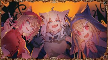 3girls absurdres ahoge animal_ear_fluff animal_ears aqua_eyes blonde_hair blue_eyes blue_hair blush dog_ears dog_girl fox_ears fox_girl fuwawa_abyssgard hair_between_eyes hair_ornament halloween halloween_costume hat highres hololive hololive_english hyde_(tabakko) long_hair looking_at_viewer mococo_abyssgard multicolored_hair multiple_girls needle nun nurse nurse_cap open_mouth pink_eyes pink_hair shirakami_fubuki short_hair siblings sisters streaked_hair twins virtual_youtuber werewolf werewolf_costume white_hair x_hair_ornament