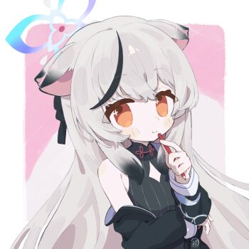 1girl animal_ears black_dress black_hair black_jacket blue_archive blue_halo blush border closed_mouth clothing_cutout colored_pencil commentary_request dress grey_hair halo holding holding_pencil jacket kokona_(blue_archive) long_hair multicolored_hair orange_eyes pencil pinstripe_dress pinstripe_pattern sleeveless sleeveless_dress smile solo streaked_hair suwasui white_border