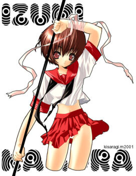 Rule 34 | 1girl, arm up, arm wrap, artist name, bad id, black neckerchief, brown hair, character name, closed mouth, cropped legs, dated, holding, holding staff, kagura izumi, kisaragi mizu, looking at viewer, midriff, miniskirt, navel, neckerchief, panties, pleated skirt, red eyes, red sailor collar, red skirt, sailor collar, school uniform, serafuku, shirt, short hair, short sleeves, skirt, solo, staff, standing, underwear, undone neckerchief, white background, white panties, white shirt, yoru ga kuru!