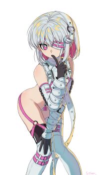 1girl absurdres bare_shoulders bondage_outfit commentary_request crotch_strap dohna_dohna_issho_ni_warui_koto_o_shiyou expressionless eyepatch finger_to_mouth flat_chest highres index_finger_raised layered_gloves lock looking_at_viewer multicolored_hair padlock pink_eyes pink_hair porno_(dohna_dohna) qianyin_lixing revealing_clothes short_hair solo thigh_gap two-tone_hair white_hair