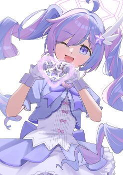 1girl absurdres ahoge blue_archive fukujin gloves hair_ornament halo heart heart_hands highres long_hair looking_at_viewer magical_girl multicolored_hair one_eye_closed open_mouth purple_eyes purple_hair reisa_(blue_archive) reisa_(magical)_(blue_archive) short_sleeves smile solo star_(symbol) star_hair_ornament twintails white_background white_gloves