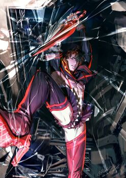 Rule 34 | 1boy, abs, ass, commentary, cosplay, crack, cracked glass, crop top, crossdressing, crossdressing (mtf), english commentary, high heels, highres, kill la kill, kim dokja, life fiber, male focus, matoi ryuuko, matoi ryuuko (cosplay), omniscient reader's viewpoint, renibet, revealing clothes, scissor blade (kill la kill), senketsu, solo, suspenders, thighhighs, upskirt