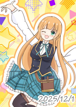 1girl ;d absurdres ahoge anne_(shingeki_no_bahamut) arm_up blonde_hair blue_skirt blue_vest blush breasts dated december green_eyes highres large_breasts long_hair long_sleeves one_eye_closed open_mouth plaid_clothes plaid_skirt pleated_skirt school_uniform shadowverse shadowverse:_worlds_beyond shingeki_no_bahamut shirt sinoso_oekaki skirt smile solo thighhighs vest white_shirt yellow_background