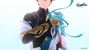 1boy black_shirt clawed_gauntlets commentary copyright_name copyright_notice dan_heng_(honkai:_star_rail) dan_heng_(permansor_terrae)_(honkai:_star_rail) dragon_boy english_commentary eyes_out_of_frame hadanugi_dousa hand_on_own_chest hand_over_heart head_out_of_frame highres honkai:_star_rail honkai_(series) long_sleeves official_alternate_costume official_art open_kimono ribbon serious shirt short_hair solo straight-on string string_of_fate upper_body vambraces white_shirt zipper zipper_pull_tab