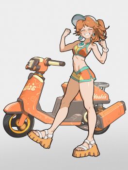 1girl bare_shoulders bikini breasts brown_hair closed_eyes commentary crop_top daniel_deng earrings english_commentary flower_earrings hat highres jewelry looking_at_viewer mario_(series) mario_kart mario_kart_world midriff moped motor_vehicle motorcycle navel nintendo official_alternate_costume open_mouth orange_sandals orange_sports_bra ponytail princess_daisy princess_daisy_(swimwear)_(mario_kart_world) sandals shorts smile solo sports_bra swimsuit teeth white_hat yellow_shorts yellow_sports_bra