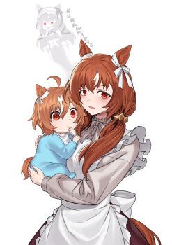 Rule 34 | 1girl, 2girls, absurdres, ahoge, alternate hairstyle, animal ears, apron, baby, blush, breasts, brown hair, commentary request, fukuro (maruaru00), hair between eyes, hair ornament, highres, horse ears, horse girl, horse tail, housewife, long hair, looking at viewer, mother and daughter, multiple girls, solo, still in love (umamusume), tail, umamusume, white background