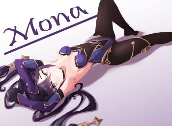 1girl absurdres armpits ayanue black_choker black_gloves black_pantyhose breasts character_name choker detached_sleeves genshin_impact gloves highres jewelry knee_up leotard long_hair looking_at_viewer lying mona_(genshin_impact) no_shoes on_back pantyhose purple_hair purple_leotard shadow solo strapless strapless_leotard thighlet twintails