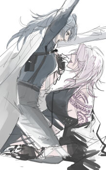 2girls arm_tattoo bib_bb_bib black_gloves black_shirt chief_(path_to_nowhere) claws coat coat_on_shoulders commentary_request female_chief_(path_to_nowhere) gloves grey_hair grey_lips grey_pants highres korean_commentary long_hair long_sleeves looking_at_another multiple_girls pants parted_lips path_to_nowhere shirt shoulder_tattoo simple_background sleeveless sleeveless_shirt smile straddling tattoo white_background white_coat yuri zoya_(path_to_nowhere)