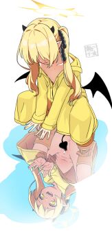 1girl anus bar_censor black_horns black_ribbon black_tail black_wings blonde_hair blue_archive boots censored cleft_of_venus coat collarbone convenient_tail demon_girl demon_horns demon_tail demon_wings hair_ribbon halo highres horns ibuki_(blue_archive) loli long_hair long_sleeves naked_coat open_mouth pointy_ears pussy raincoat reflection ribbon rubber_boots seto_tinami side_ponytail squatting tail webp-to-png_conversion white_background wings yellow_boots yellow_coat yellow_eyes yellow_halo