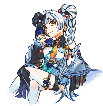 1girl bare_shoulders black_hair braid breasts detached_sleeves dialyn_(zenless_zone_zero) earrings hashtag-only_commentary jewelry medium_breasts multicolored_hair necktie phone shirt smile solo split-color_hair thighhighs twin_braids white_shirt white_thighhighs wtvr_ccc yellow_eyes yellow_necktie zenless_zone_zero