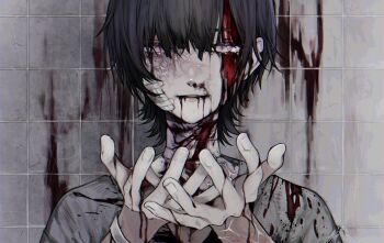 1boy 402_(o0_xxx) bags_under_eyes bandaged_neck bandages bishounen black_hair bleeding blood blood_from_mouth blood_on_clothes blood_on_face blood_on_hands blood_on_neck blood_on_wall commentary crazy cut_ear gauze gauze_on_cheek grey_shirt hair_between_eyes hand_focus hands_up highres looking_at_viewer male_focus nosebleed open_hands original own_hands_together portrait purple_eyes scar shirt short_hair sick sidelocks solo straight-on tile_wall tiles veins veiny_arms veiny_face veiny_neck wrist_cutting wristband