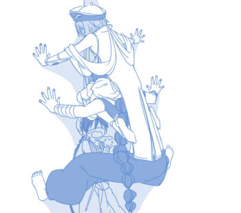 3boys against_wall aladdin_(magi) arabian_clothes braid cicada_block_(meme) commentary_request corner feet_against_wall hand_on_wall judal kabedon long_hair magi_the_labyrinth_of_magic male_focus maplemarimo meme monochrome multiple_boys ren_kouha scared shaded_face sidelocks simple_background single_braid white_background