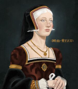 1girl a_song_of_ice_and_fire black_sleeves blue_eyes brown_dress dress goblin_bin highres jewelry necklace rhaenyra_targaryen solo translation_request tudor upper_body