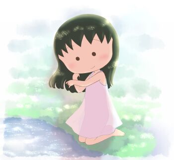 1girl barefoot black_eyes black_hair blush chibi_maruko-chan dress flat_chest grass kneeling loli long_hair looking_at_viewer no_panties river sakura_sakiko see-through_clothes see-through_dress sleeveless sleeveless_dress smile water white_dress yamanokonza