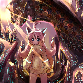 1girl ahoge animal_ears blue_eyes breasts cat_ears cat_girl ditienan_ddn heterochromia highres light_rays long_hair long_sleeves monster pink_hair plug purple_eyes sleeves_past_wrists small_breasts standing sunbeam sunlight sweater white_sweater