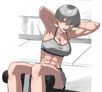 1girl abs armpits arms_behind_head blunt_bangs bowl_cut breasts center-flap_bangs cleavage collarbone exercising exercise_machine feet_out_of_frame grey_hair grey_sports_bra gym_shorts half-closed_eyes highres large_breasts midriff open_mouth original red_eyes rggr short_hair shorts sit-up sports_bra sportswear sweat teeth toned