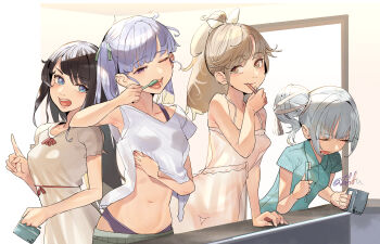 4girls absurdres arashio_(kancolle) asashio_(kancolle) black_hair blue_eyes bra breasts brown_eyes brown_hair brushing_teeth camisole closed_eyes cup fuwafuwatoufu grey_hair highres holding holding_toothbrush indoors kantai_collection kasumi_(kancolle) morning multiple_girls ooshio_(azur_lane) panties ponytail shorts side_ponytail small_breasts toothbrush toothbrush_in_mouth toothpaste underwear