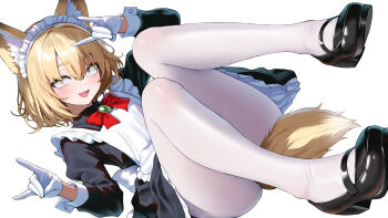 1girl absurdres animal_ears apron black_dress black_shoes blonde_hair borrowed_character bow bowtie commission dress fang fox_ears fox_girl fox_shadow_puppet fox_tail frills gloves gosu_mei_(sakifox) highres juliet_sleeves long_sleeves looking_at_viewer maid maid_apron maid_headdress mary_janes okayusonmu open_mouth original pantyhose puffy_sleeves red_bow red_bowtie shoes simple_background skeb_commission solo tail white_apron white_background white_gloves white_pantyhose yellow_eyes