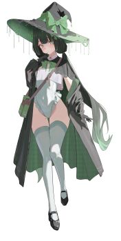 Rule 34 | 1girl, absurdres, bag, banpen, black capelet, black gloves, black hair, black hat, black robe, black shoes, capelet, closed mouth, collared shirt, commentary, commission, covered navel, cropped shirt, full body, gloves, green bag, green eyes, green hair, green hat, green leotard, green ribbon, green robe, green streaks, green thighhighs, hand up, hat, hat ribbon, highres, large hat, legs, leotard, light smile, long hair, looking at viewer, low twintails, mole, mole on leg, mole under eye, multicolored hair, multicolored hat, multicolored robe, original, ribbon, robe, shirt, shoes, shoulder bag, simple background, tachi-e, thighhighs, thighs, twintails, two-tone hair, two-tone hat, two-tone robe, white background, white shirt