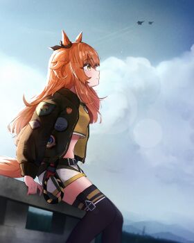 1girl absurdres aircraft airplane animal_ears black_thighhighs blush bomber_jacket bow breasts brown_ribbon closed_mouth cloud cloudy_sky crop_top dog_tags ear_bow ear_ribbon fighter_jet green_jacket hair_between_eyes highres horse_ears horse_girl horse_tail jacket long_hair long_sleeves mayano_top_gun_(scramble_zone)_(umamusume) mayano_top_gun_(umamusume) midriff military_vehicle navel open_clothes open_jacket orange_eyes orange_hair orange_tail outdoors ribbon shirt shorts skebisu sky smile solo tail thighhighs two_side_up umamusume white_shorts yellow_eyes yellow_shirt