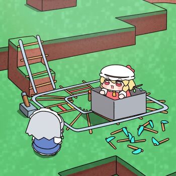 Rule 34 | 2girls, apron, ascot, blonde hair, chibi, crystal wings, flandre scarlet, grey hair, hat, highres, izayoi sakuya, maid apron, maid headdress, minecart, minecraft, mob cap, multiple girls, open mouth, railing, red eyes, touhou, white hat, wings, y75zei, yellow ascot