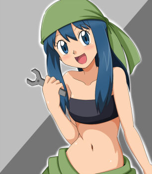 1girl :d alternate_costume bad_id bad_pixiv_id bandana bare_arms bare_shoulders black_tube_top blonde_hair blue_eyes blush breasts collarbone cosplay dawn_(pokemon) female_focus fullmetal_alchemist green_bandana grey_background hair_between_eyes hand_up happy head_tilt holding holding_wrench kuro_hopper long_hair looking_at_viewer midriff navel neck nintendo open_mouth pokemon pokemon_(anime) pokemon_dppt sidelocks small_breasts smile solo strapless tools tube_top two-tone_background winry_rockbell winry_rockbell_(cosplay) wrench