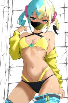 1girl aqua_hair belt bikini black_belt blonde_hair blue_eyes breasts canari_(pokemon) clothes_pull cowboy_shot dark-skinned_female dark_skin hair_ornament hand_up highres hisanoillust jacket looking_at_viewer mask medium_breasts mismatched_bikini mouth_mask multicolored_hair navel nintendo off_shoulder pants pants_pull pokemon pokemon_legends:_z-a split-color_hair stomach swimsuit thighs twintails yellow_jacket
