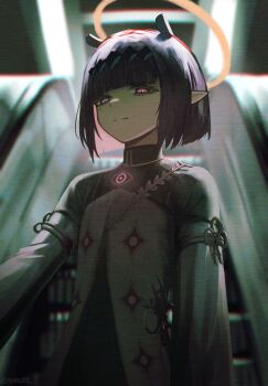 1girl :| absurdres alternate_costume alternate_hairstyle closed_mouth collar commentary dress english_commentary escalator eye_symbol from_below halo highres hime_cut hololive hololive_english indoors long_sleeves looking_at_viewer mole mole_under_eye ninomae_ina'nis pointy_ears purple_eyes ribbon short_hair sumosumo virtual_youtuber yellow_halo