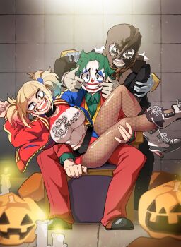1girl 2boys :d absurdres batman_(series) boku_no_hero_academia bongftah breasts brown_pantyhose choker collarbone collared_shirt cosplay crossover dc_comics english_text fangs finger_in_another&#039;s_mouth fishnet_pantyhose fishnets green_eyes green_shirt grin harley_quinn harley_quinn_(cosplay) heart heart_tattoo highres jack-o&#039;-lantern jacket joker_(2019) joker_(dc)_(cosplay) large_breasts long_sleeves looking_at_viewer midoriya_izuku multiple_boys open_clothes open_jacket open_mouth pants pantyhose pumpkin red_lips red_pants red_shirt rope scarecrow_(batman) scarecrow_(batman)_(cosplay) shigaraki_tomura shirt shoes smile suicide_squad tattoo teeth the_joker toga_himiko twintails white_shirt wrinkled_skin