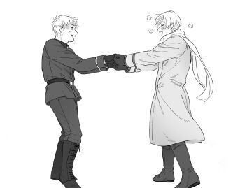 Rule 34 | 2boys, axis powers hetalia, belt, blush, boots, closed eyes, coat, collared shirt, commentary request, cross, fang, flower, full body, gloves, greyscale, hands up, happy, highres, holding hands, iron cross, jacket, long sleeves, looking at another, male focus, mi aph to, military, military jacket, military uniform, monochrome, multiple boys, open mouth, pants, prussia (hetalia), russia (hetalia), scarf, shirt, short hair, simple background, smile, standing, sweatdrop, yaoi