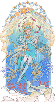 1girl absurdres ankle_boots blue_background blue_dress blue_eyes blue_hair blue_tongue boots border colored_tongue commentary commission coral dress english_commentary fish glasses gloves hand_up highres im_honeybread long_hair looking_to_the_side open_mouth original ornate_border pantyhose shoes simple_background smile solo twitter_username very_long_hair white_background white_gloves white_pantyhose white_shoes