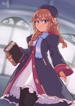 1girl absurdres ariz_se beret black_coat black_hat black_pantyhose blue_bow blurry blurry_background blush book bow braid brown_hair closed_mouth coat commentary cowboy_shot dress english_commentary expressionless frilled_coat frilled_dress frills hair_between_eyes hat highres holding holding_book long_hair long_sleeves looking_at_viewer pantyhose princess_connect! purple_eyes school_uniform solo st._theresa's_girls_academy_school_uniform twin_braids white_dress yuni_(princess_connect!)