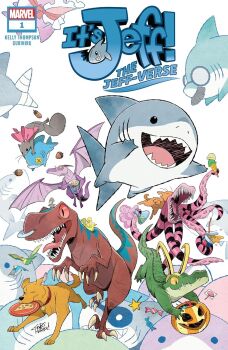 alligator alligator_loki animal_focus beaker bird candy cat character_request comic_cover commentary_request copyright_logo copyright_name creature creature_focus crocodilian cup devil_dinosaur dinosaur dog drinking_straw english_text fake_horns food gills gold_helmet goose_(marvel) green_scales gurihiru halloween_bucket helmet highres holding_beaker horned_helmet horns jeff_(marvel) lockheed logo marvel monster no_humans official_art open_mouth popcorn red_scales shark sharp_teeth signature squirrel teeth tentacles thor_(marvel)_(series) tippy-toe tyrannosaurus_rex x-men