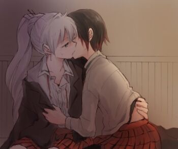 2girls black_hair hand_under_clothes kiss multicolored_hair multiple_girls nagasawa_(tthnhk) red_hair ruby_rose rwby school_uniform streaked_hair unbuttoned unbuttoned_shirt undressing weiss_schnee white_hair yuri
